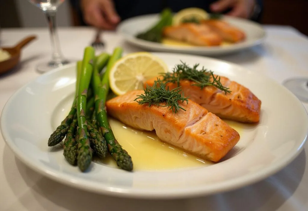 Fertiges Gericht mit gebratenem Spargel und Lachs, ideal für ein köstliches Abendessen.