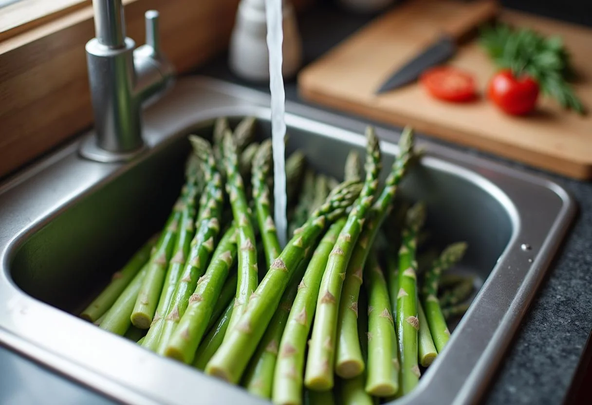 Frischer grüner Spargel wird für gebratenen Spargel mit Lachs gewaschen.