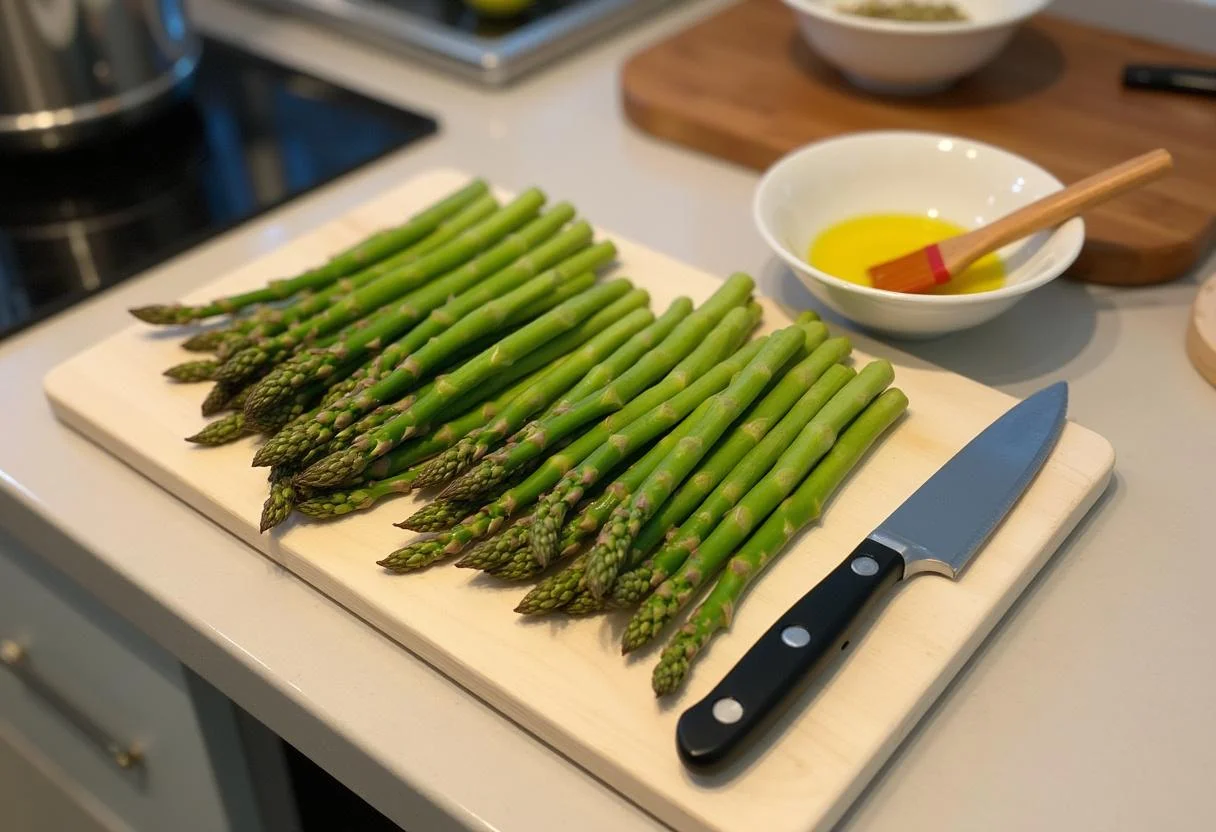 Vorbereitetes Gemüse für gebratenen Spargel mit Lachs, inklusive gewaschenem Spargel und Olivenöl.