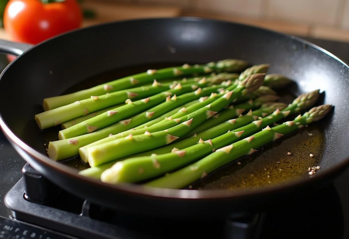 Spargel wird in einer Pfanne gebraten, ein Schritt in der Zubereitung von gebratenem Spargel mit Lachs.