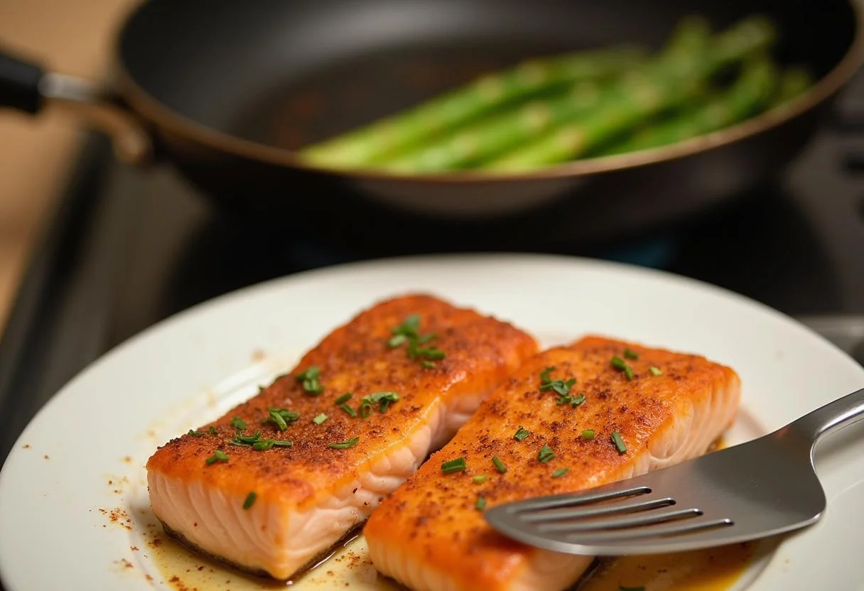 Gebratener Lachs wird zubereitet, um mit dem gebratenen Spargel serviert zu werden.
