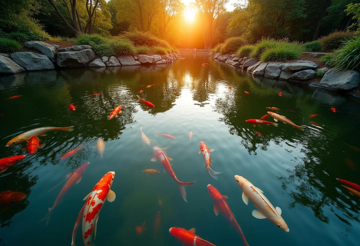Verschiedene Fische im Gartenteich bei Sonnenuntergang, perfekt für die Teichgestaltung.