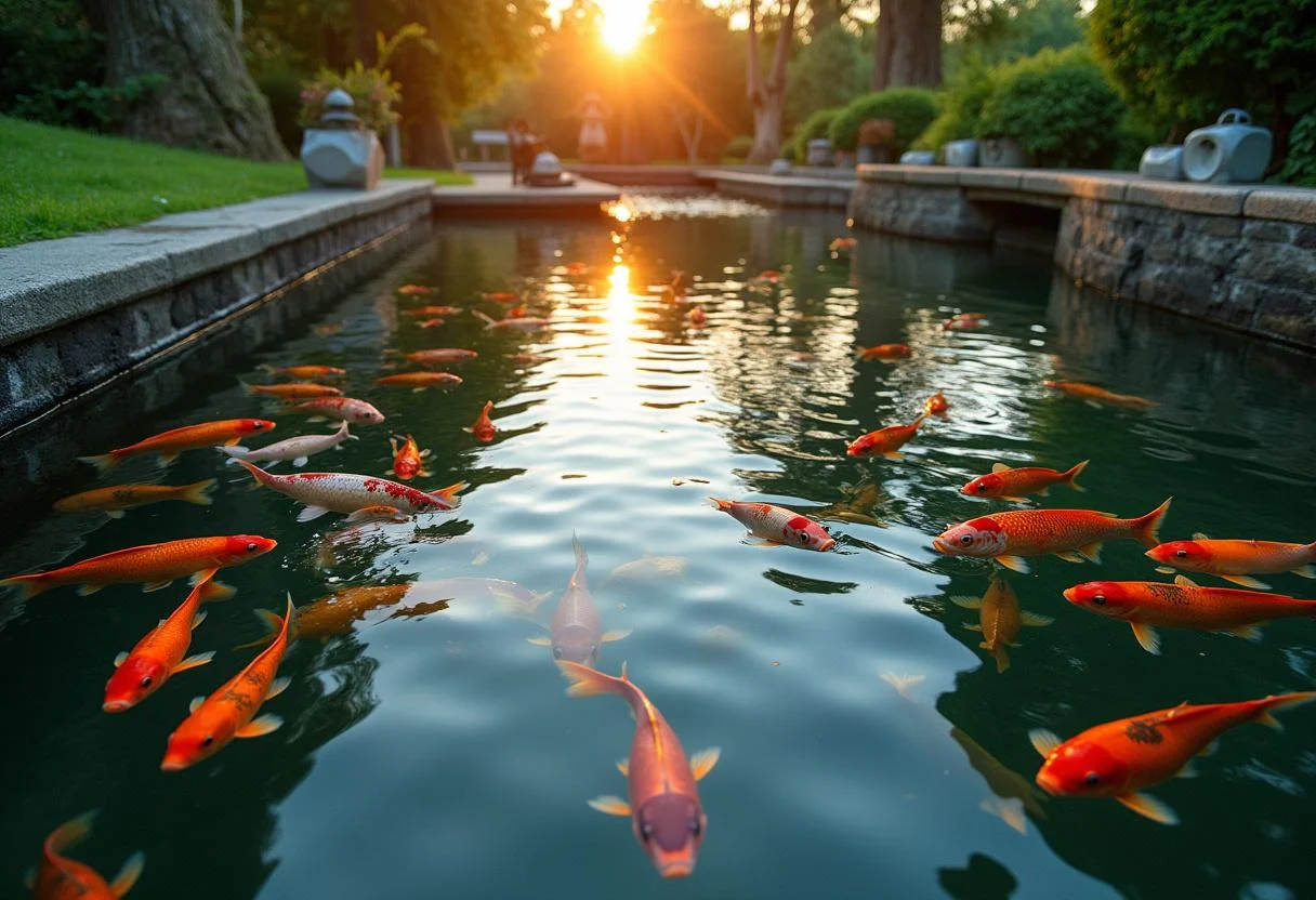 Verschiedene Fische im Gartenteich bei Sonnenuntergang, perfekt für die Teichgestaltung.