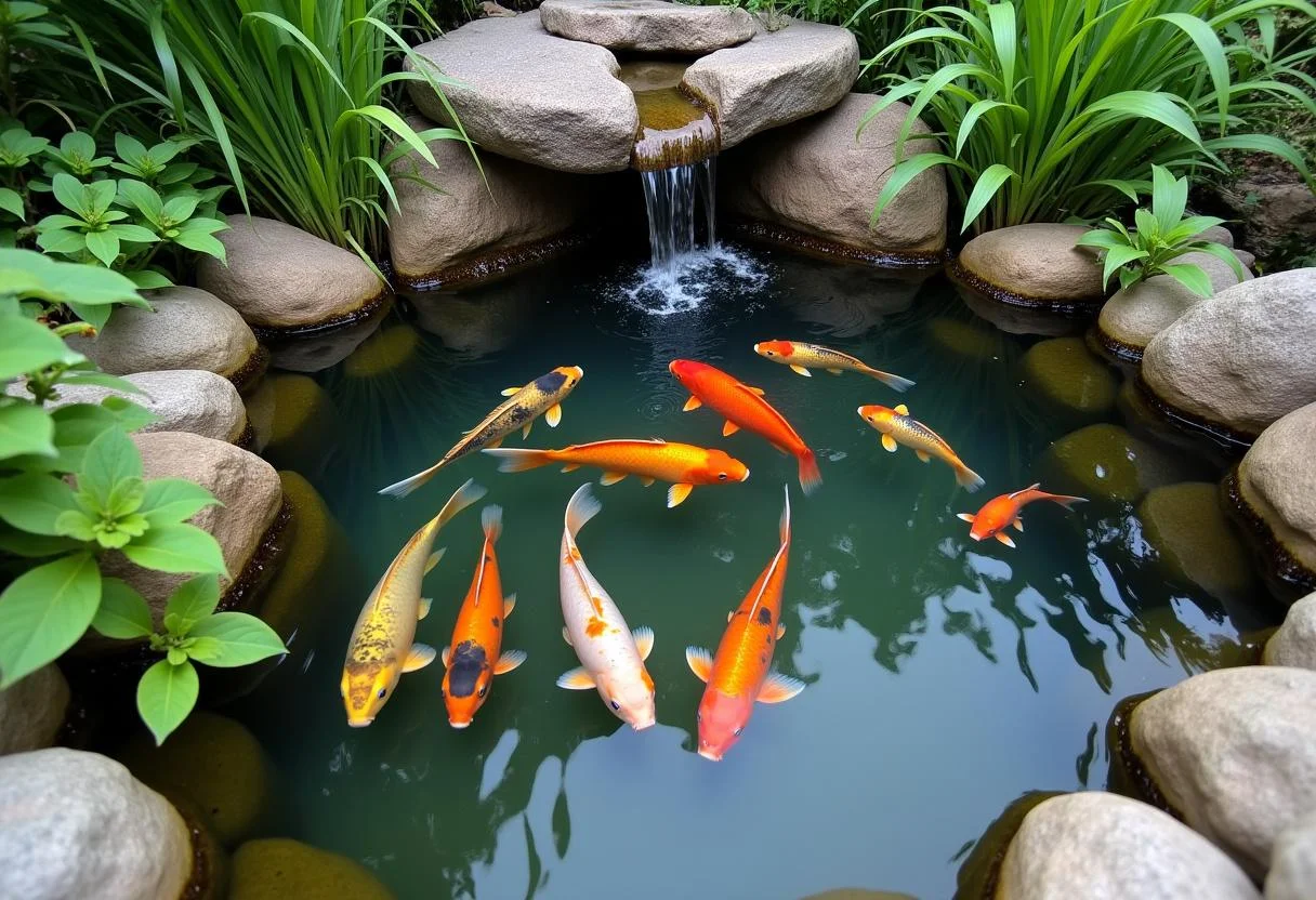 Bunte Fische im Gartenteich, ideal für die Auswahl geeigneter Fische für den Teich.