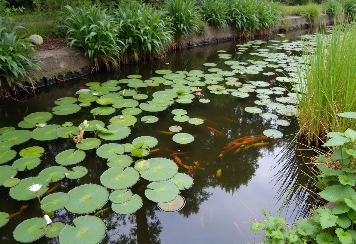Aquatische Pflanzen im Gartenteich, wichtig für die Lebensqualität von Fischen im Teich.