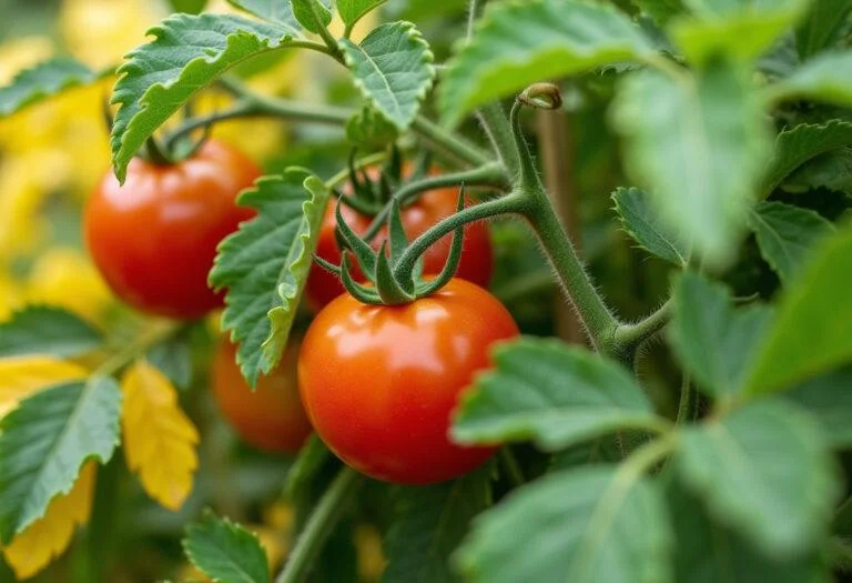 Gesunde Tomatenpflanzen mit grünen Blättern und reifen Tomaten, nachdem Probleme mit gelben Blättern behoben wurden.