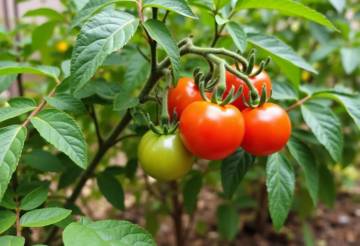 Gesunde Tomatenpflanzen mit grünen Blättern und reifen Tomaten, nachdem Probleme mit gelben Blättern behoben wurden.