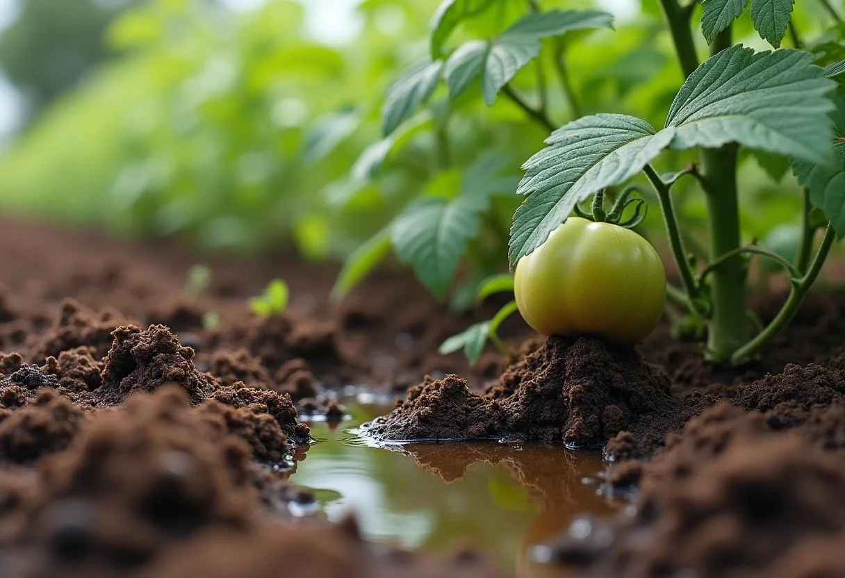 Zeichen von Überwässerung im Boden um Tomaten mit gelben Blättern.