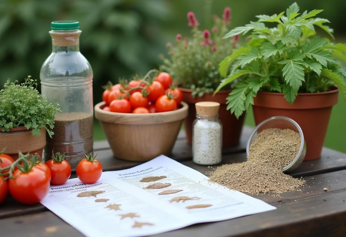 Dünger und Nährstoffe zur Behandlung von gelben Blättern an Tomatenpflanzen.