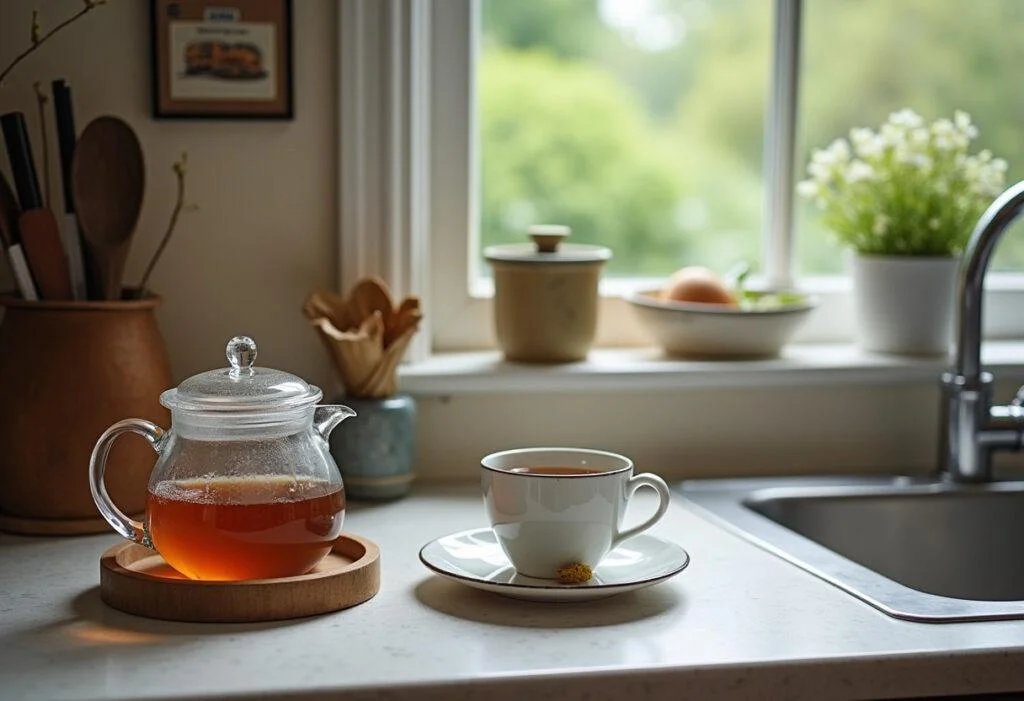 Fertig eingerichtete Küchen im Landhausstil mit einer Tasse Tee auf der Arbeitsplatte und Blick in den Garten.