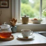 Fertig eingerichtete Küchen im Landhausstil mit einer Tasse Tee auf der Arbeitsplatte und Blick in den Garten.