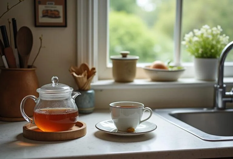 Fertig eingerichtete Küchen im Landhausstil mit einer Tasse Tee auf der Arbeitsplatte und Blick in den Garten.