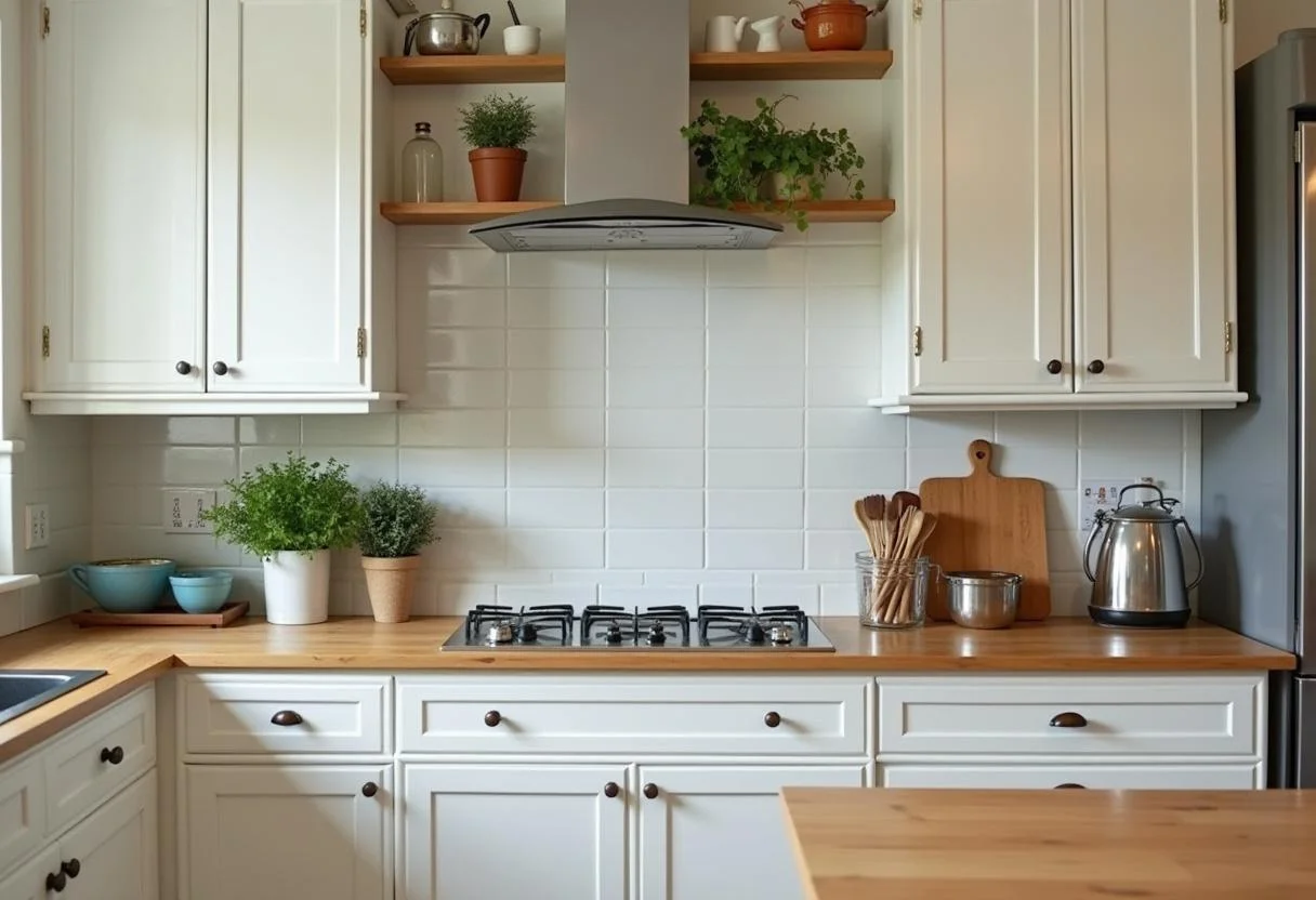 Küchen im Landhausstil mit weißen Schränken und Holzarbeitsplatten für eine gemütliche Atmosphäre.