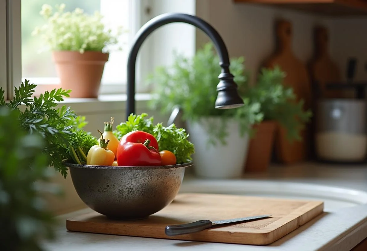 Gemütliche Küchen im Landhausstil mit einem rustikalen Waschbecken und frischem Gemüse auf dem Schneidebrett.