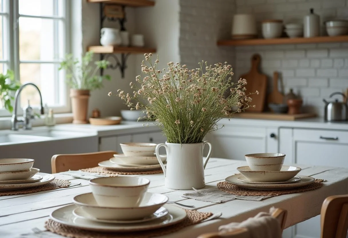 Küchen Landhausstil skandinavisch mit einem liebevoll gedeckten Esstisch und einer Blumenvase.