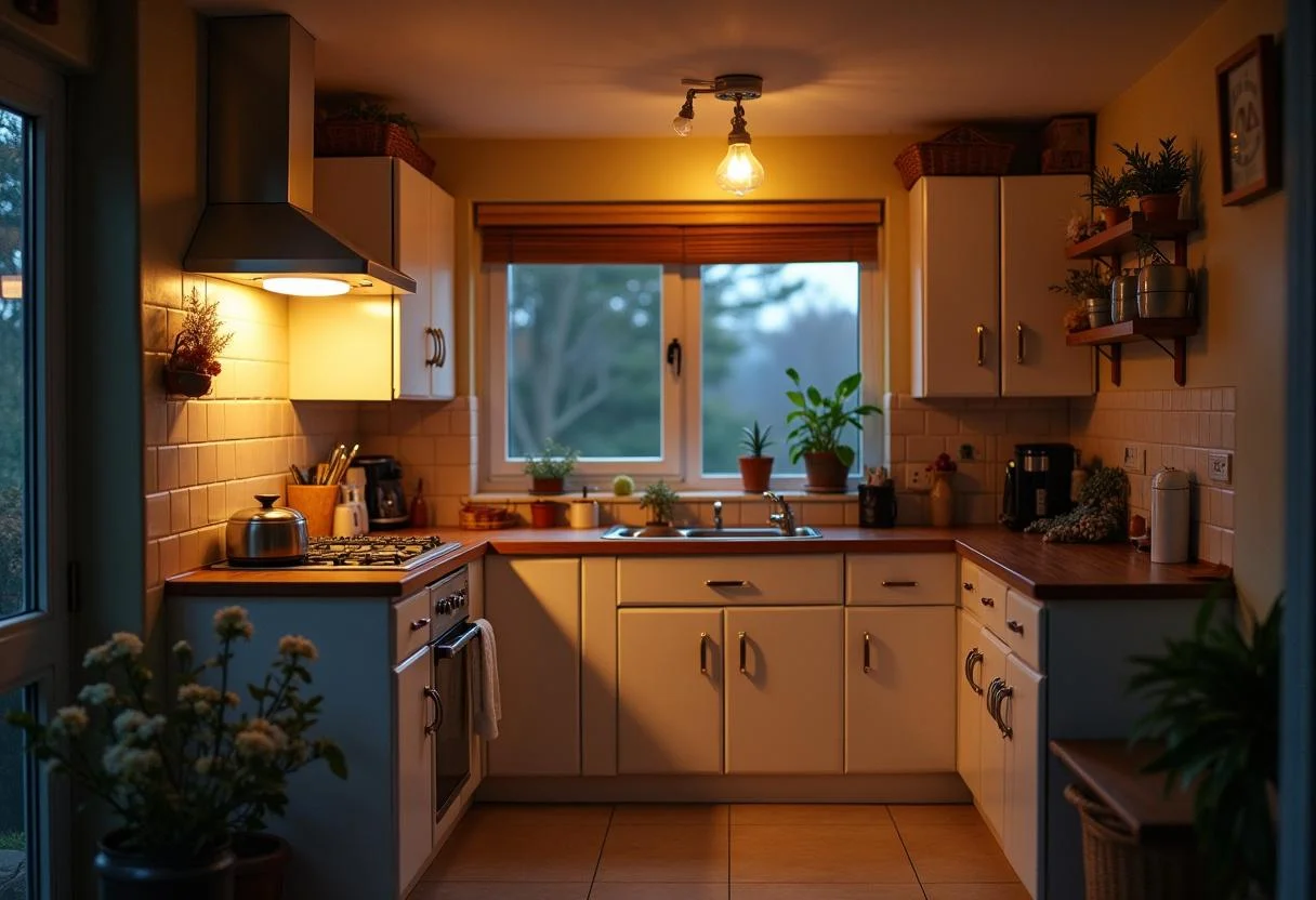 Beleuchtung in gemütlichen Küchen im Landhausstil, die eine einladende Atmosphäre schaffen.
