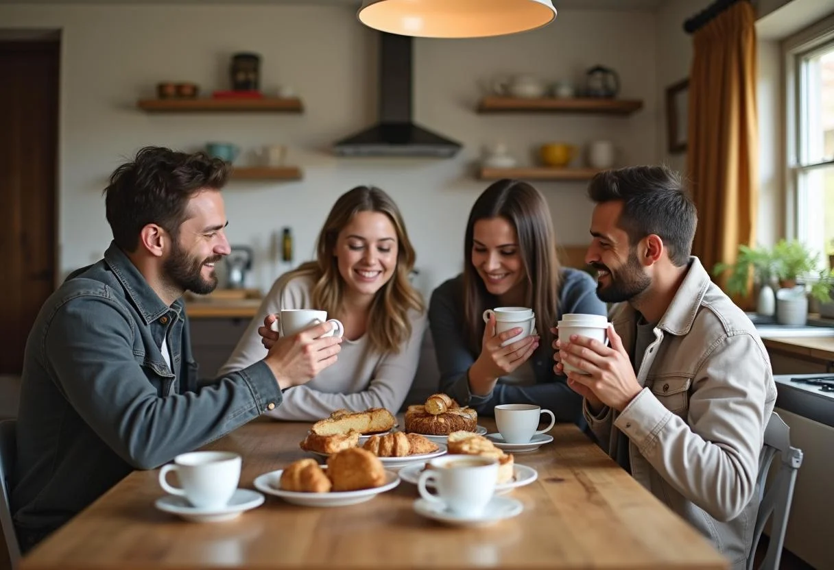 Familie, die Kaffee und Gebäck in einer gemütlichen sitzecke für die küche genießt, perfekt für gesellige Stunden.