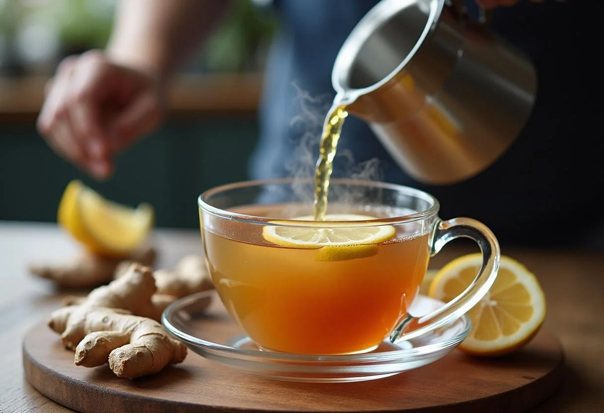 Pouring healthy ginger tea with lemon into a cup for consumption.
