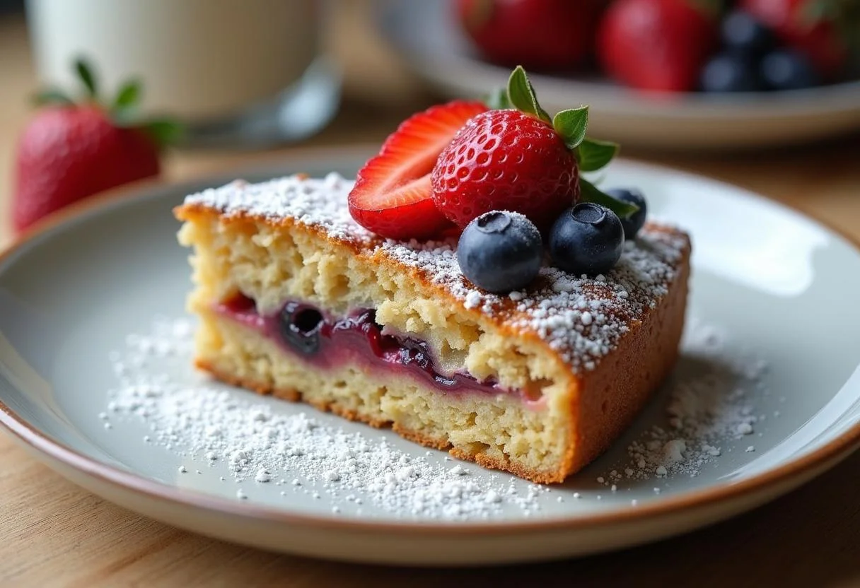 Fertiger kuchen mit haferflocken, garniert mit frischen Früchten und Puderzucker.