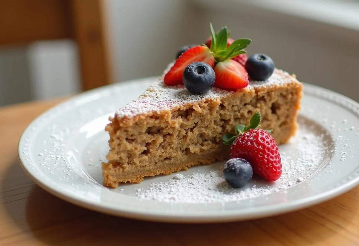 Fertiger kuchen mit haferflocken, garniert mit frischen Früchten und Puderzucker.