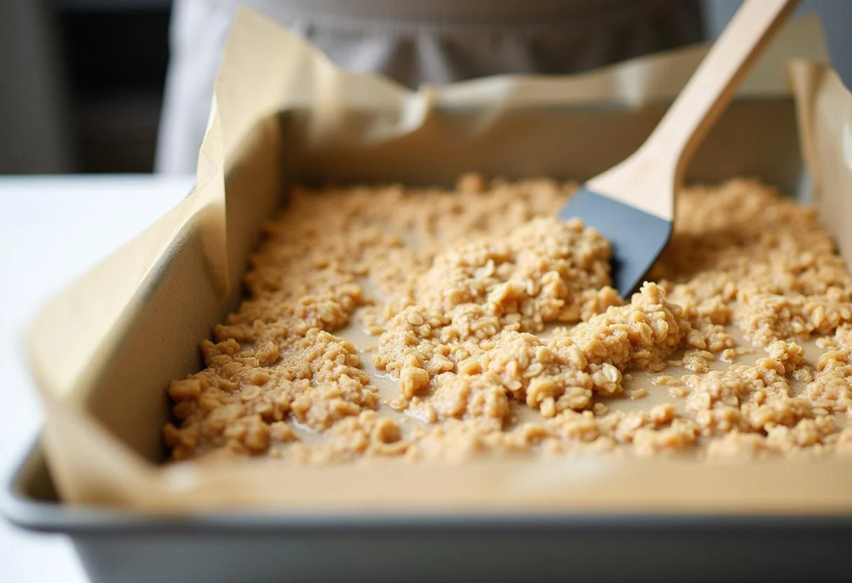 Kuchenform mit Haferflocken-Mischung für gesunden Kuchen vorbereitet.