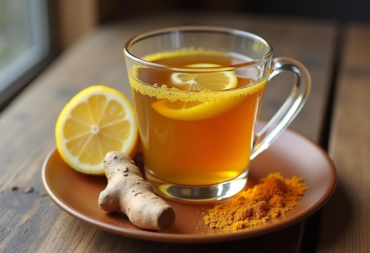 Fertig vorbereiteter Ingwer Kurkuma Tee mit Zitrone, ideal für Genuss und Wellness.