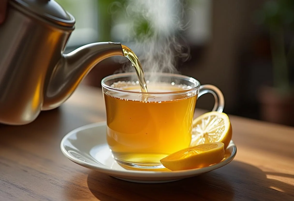 Eine Tasse Ingwer Kurkuma Tee wird aus einer Teekanne gegossen.