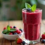 Fertiggestellter roter Beeren Smoothie, dekoriert mit frischen Beeren und Minzblättern, ideal für eine gesunde Erfrischung.