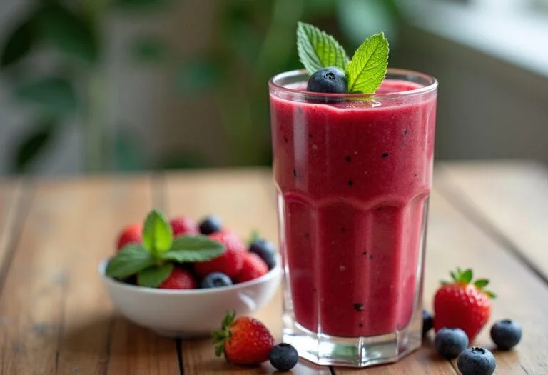 Fertiggestellter roter Beeren Smoothie, dekoriert mit frischen Beeren und Minzblättern, ideal für eine gesunde Erfrischung.