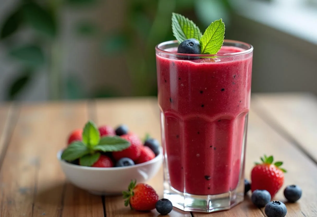 Fertiggestellter roter Beeren Smoothie, dekoriert mit frischen Beeren und Minzblättern, ideal für eine gesunde Erfrischung.