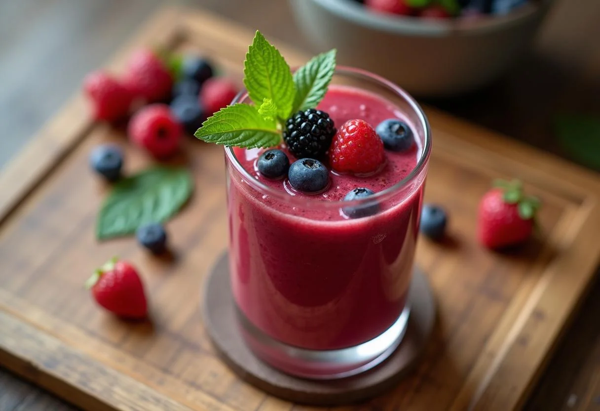 Fertiggestellter roter Beeren Smoothie, dekoriert mit frischen Beeren und Minzblättern, ideal für eine gesunde Erfrischung.