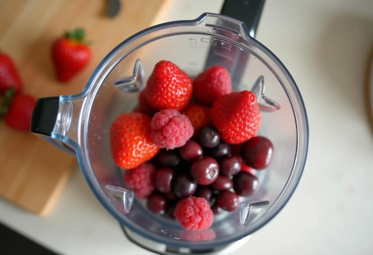 Frische rote Beeren in einem Mixer für einen gesunden roten Beeren Smoothie.