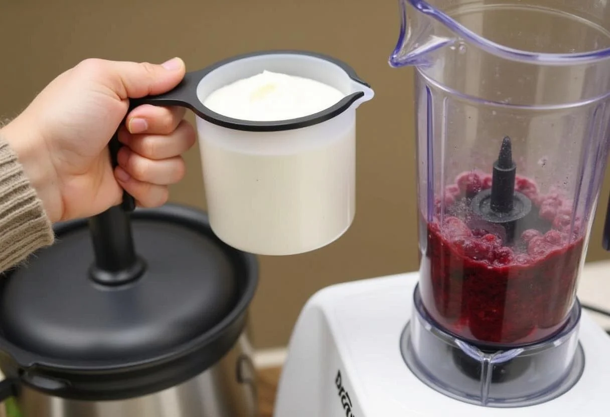 Joghurt wird für den roten Beeren Smoothie abgemessen und neben dem Mixer bereitgestellt.