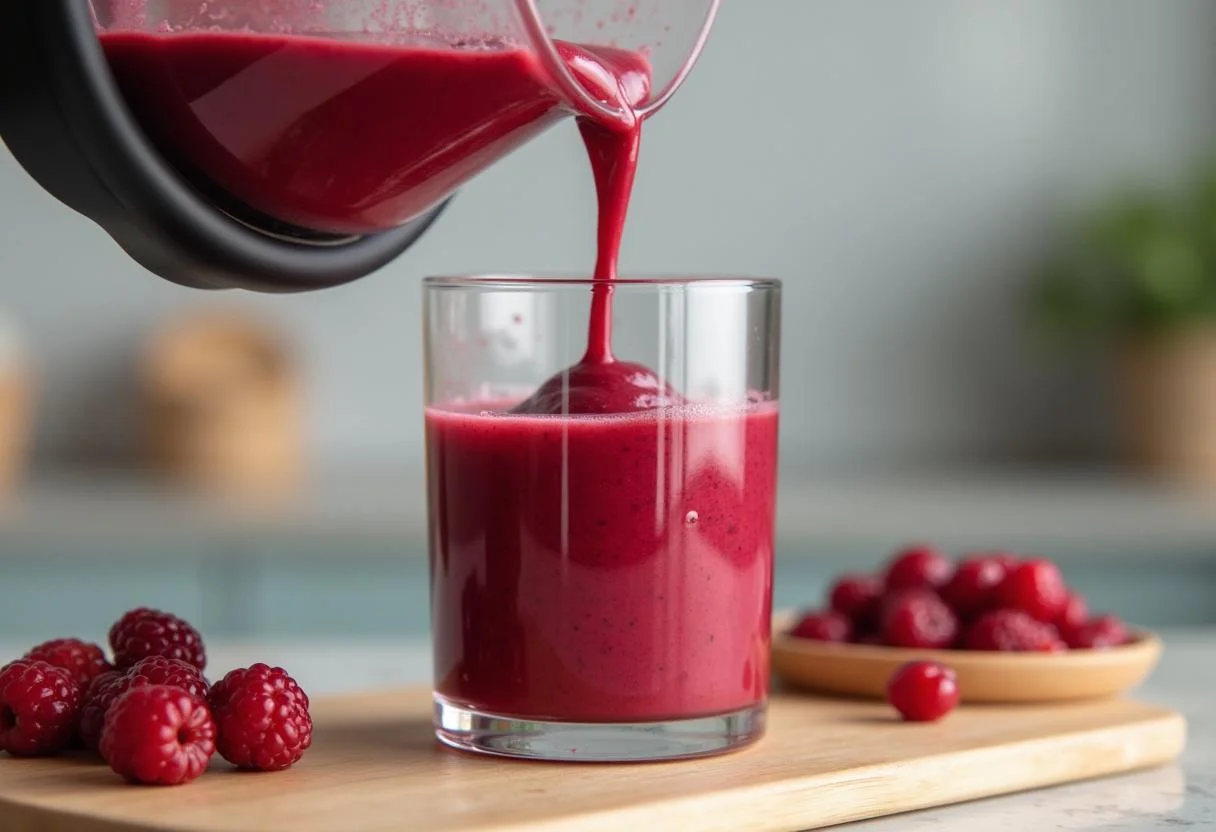 Ein Glas mit gesundem roten Beeren Smoothie wird aus dem Mixer gegossen, um frisch serviert zu werden.