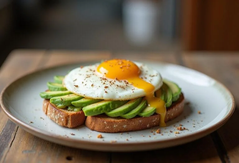 Fertiges Avocado-Brot mit Ei, eine köstliche und gesunde Frühstücksoption.