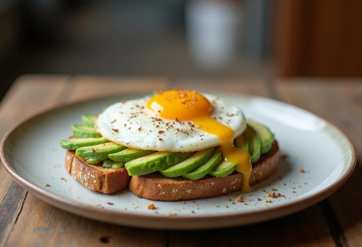 Fertiges Avocado-Brot mit Ei, eine köstliche und gesunde Frühstücksoption.