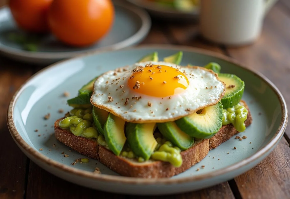 Fertiges Avocado-Brot mit Ei, eine köstliche und gesunde Frühstücksoption.