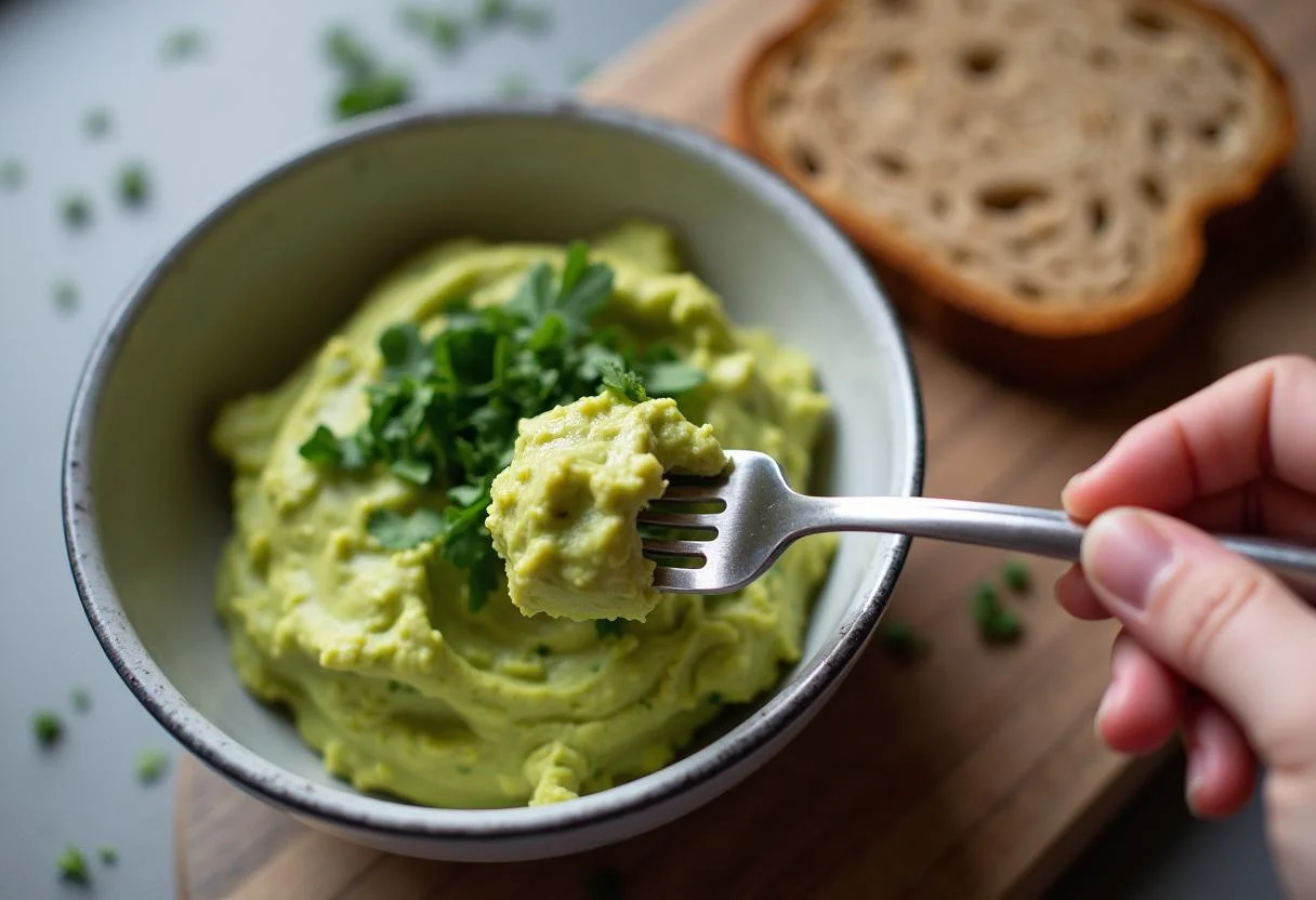 Avocado wird zerdrückt für gesundes Avocado-Brot mit Ei Rezept.