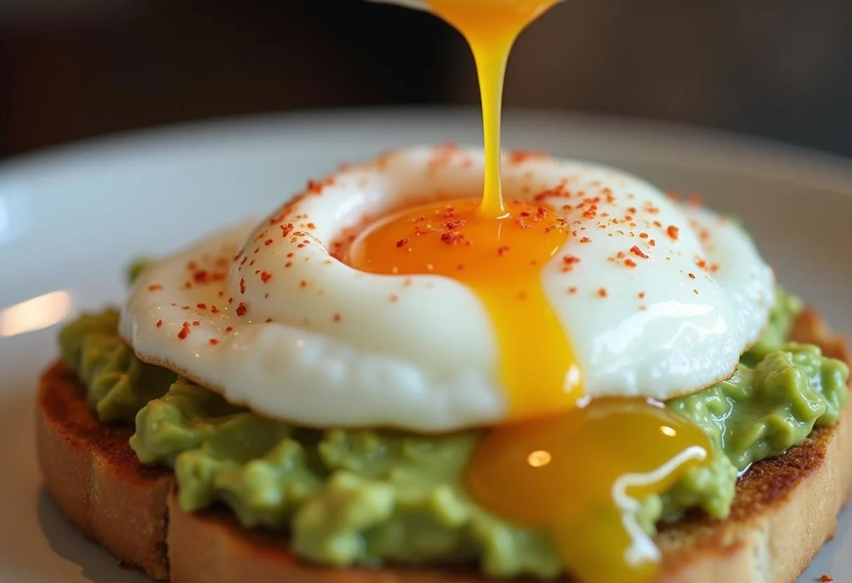 Perfekt pochiertes Ei wird auf Avocado-Brot gelegt, bereit für den Genuss.