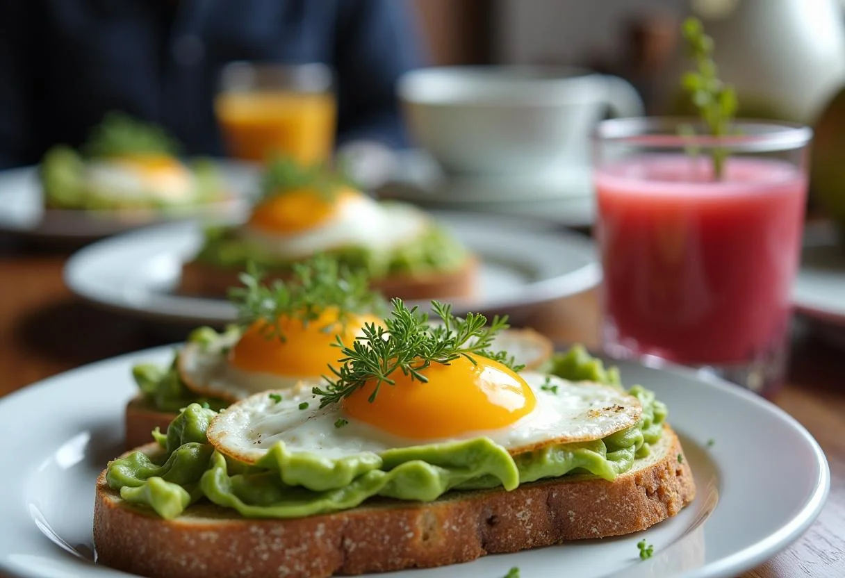 Frühstückstisch mit gesundem Avocado-Brot und Ei, ideal für einen energiereichen Start in den Tag.
