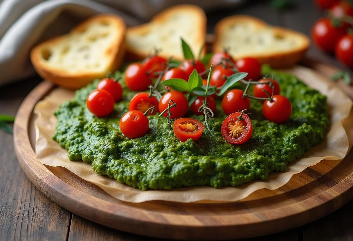 Servierbrett mit Pesto aus getrockneten Tomaten, perfekt für Dips und Snacks.