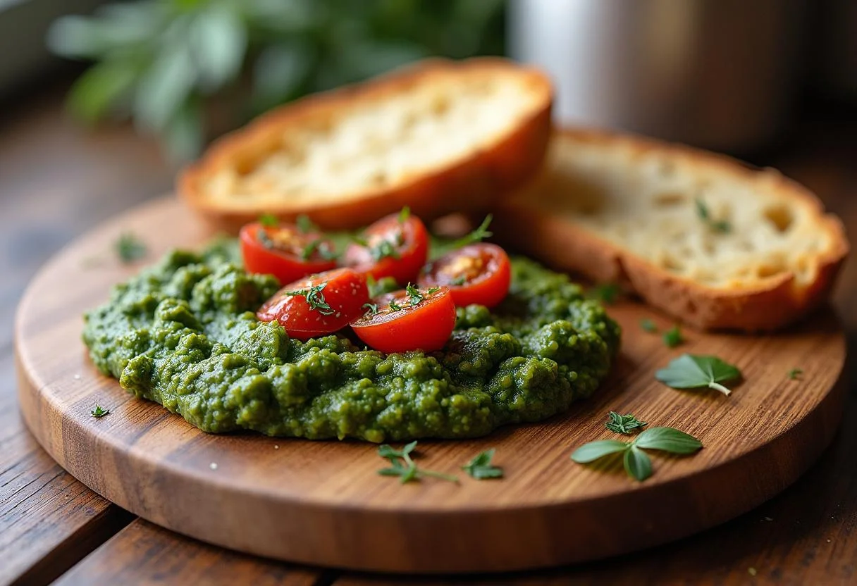 Servierbrett mit Pesto aus getrockneten Tomaten, perfekt für Dips und Snacks.
