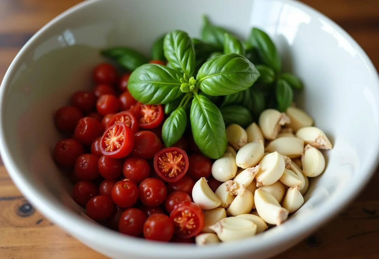 Getrocknete Tomaten, frisches Basilikum und Knoblauch für Pesto auf einem Küchentisch vorbereitet.