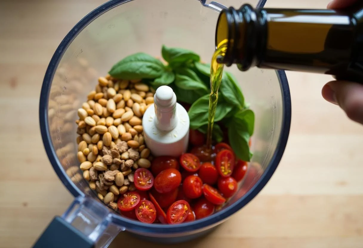 Olivenöl wird in den Mixer mit getrockneten Tomaten und Pesto-Zutaten gegossen.