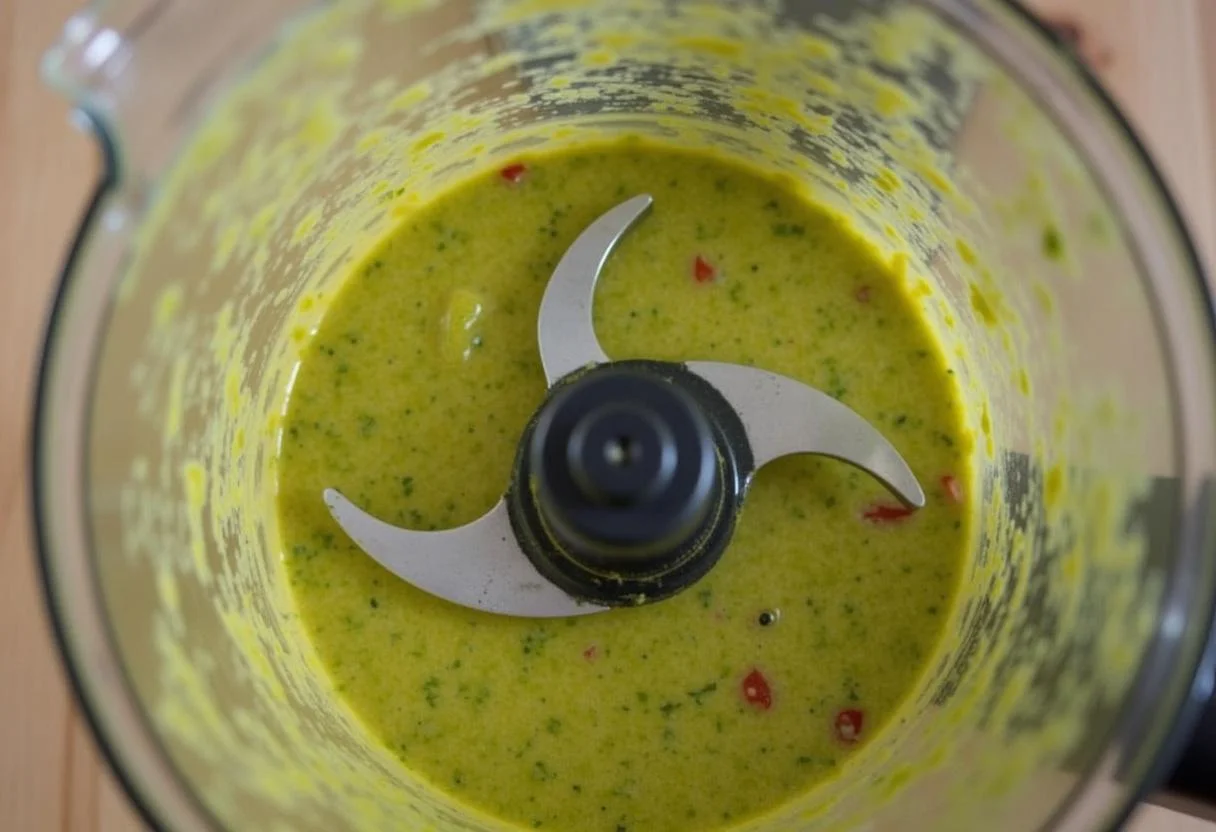 Pesto-Mischung mit getrockneten Tomaten und Kräutern im Mixer, frisch zubereitet.