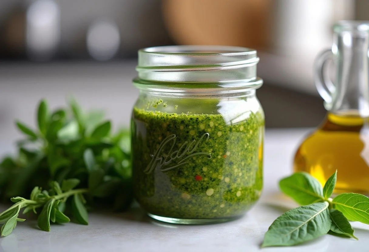 Das Einfüllen von Pesto mit getrockneten Tomaten in ein Glas auf der Küchentheke.