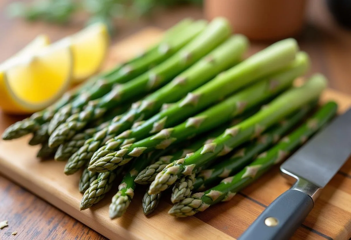Frische grüne Spargelspitzen auf einem Schneidebrett für das Rezept grüner Spargel mit Lachs.