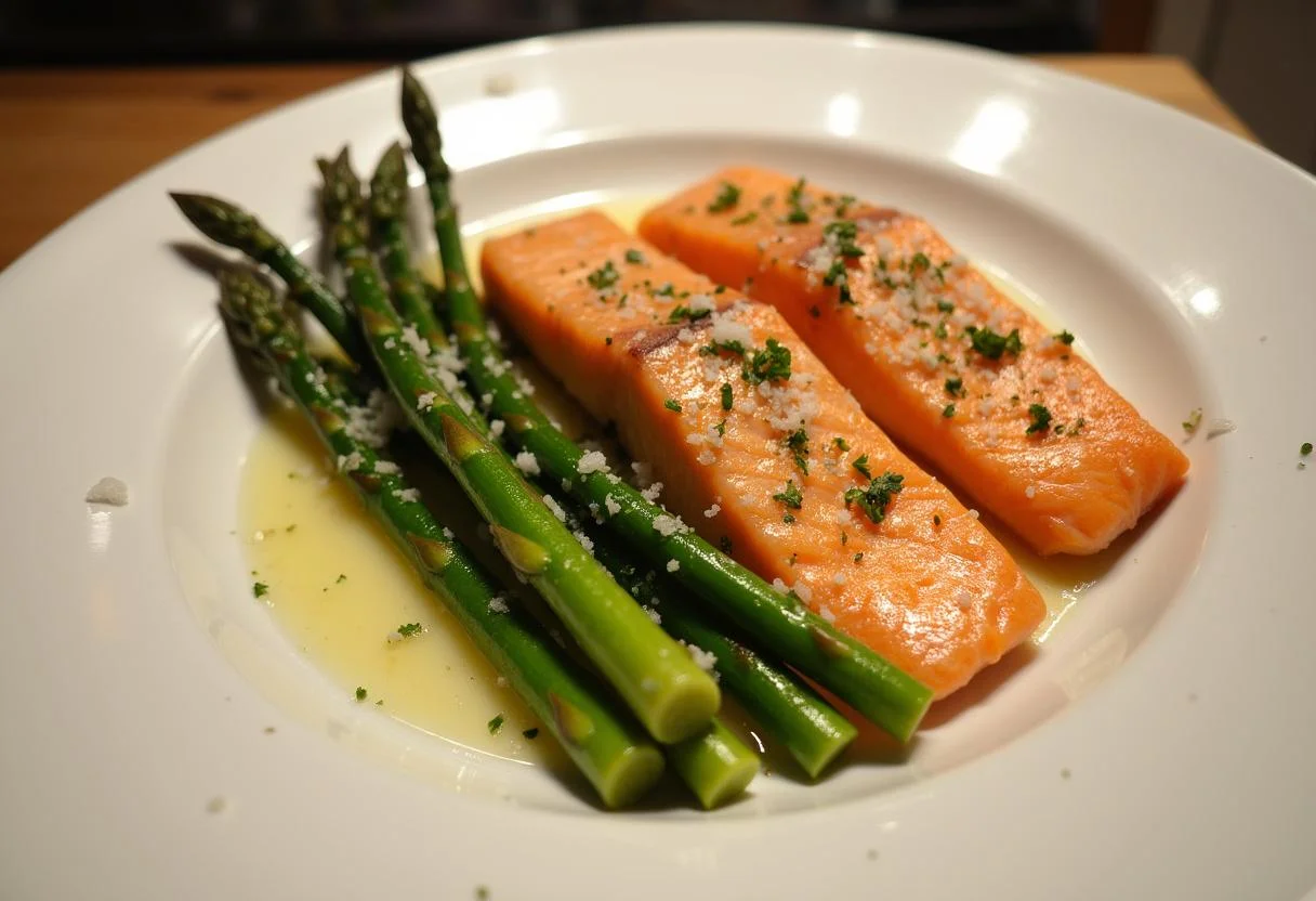 Gekochter Lachs mit gebratenem grünen Spargel, ideal für grüner spargel mit lachs Rezept.