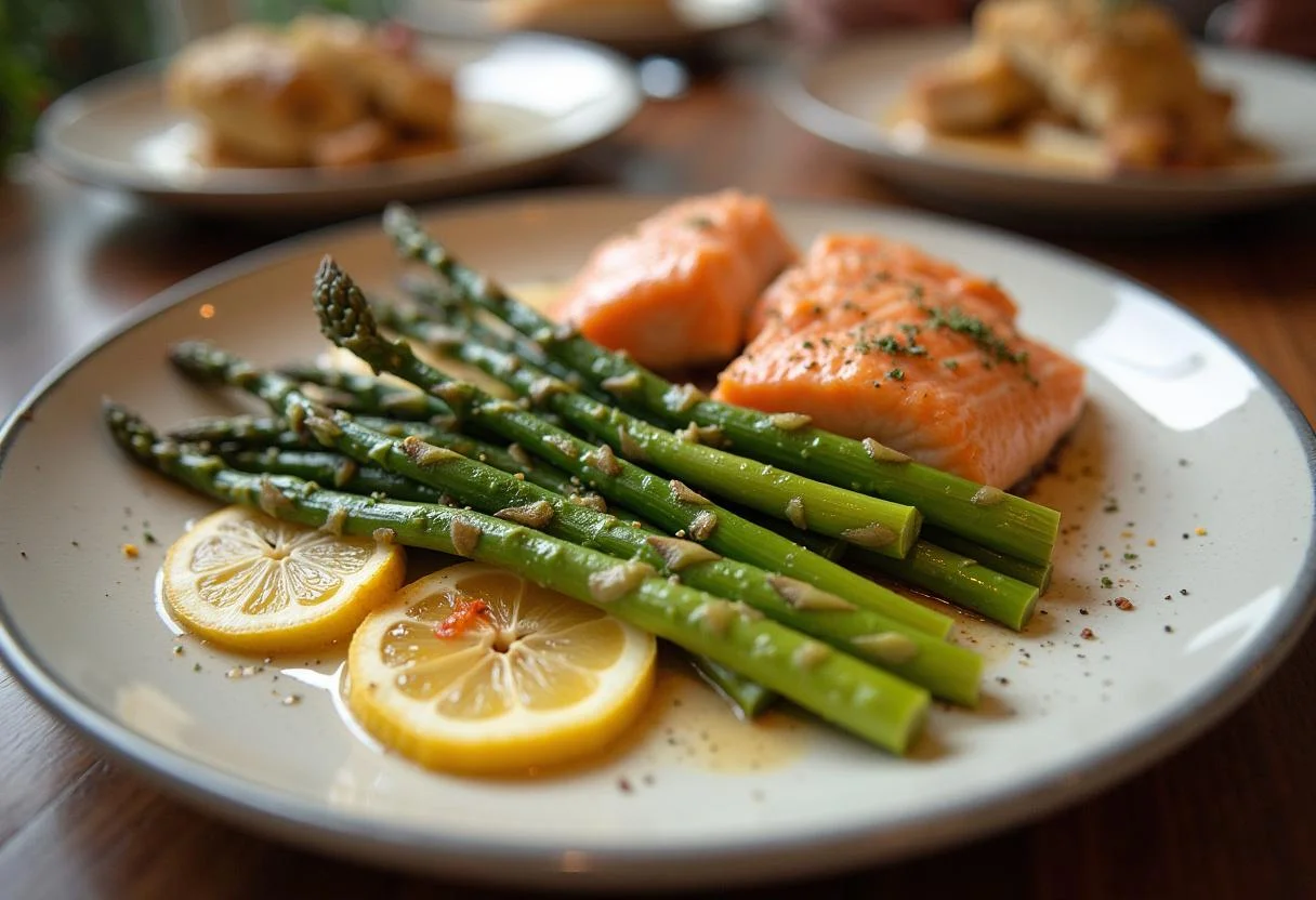 Grüner Spargel und Lachs auf einem Servierteller, perfekt für ein elegantes Abendessen.