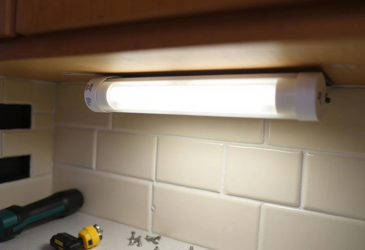 Installation der LED-Unterbauleuchte für die Küche mit Werkzeugen in der Nähe.